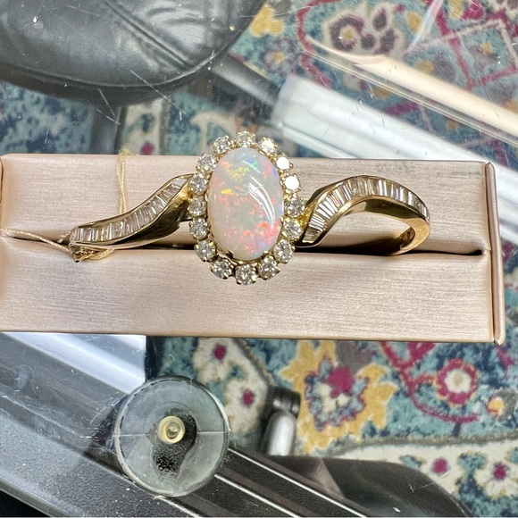 14k Yellow Gold Opal & Diamond Bangle Bracelet - Picture 10 of 12